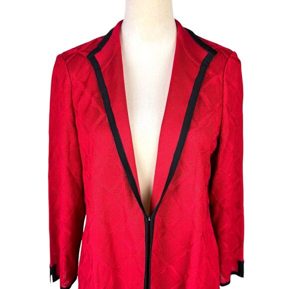 Ming Wang Red Geometric Diamond Knit Black Trim 3/4 Sleeve Cardigan Sweater - Picture 4 of 12